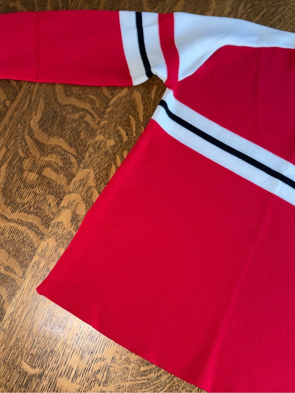 Red Crewneck Sweater with White & Black Stripe - Women's Crew Neck - Picture 2 of 13